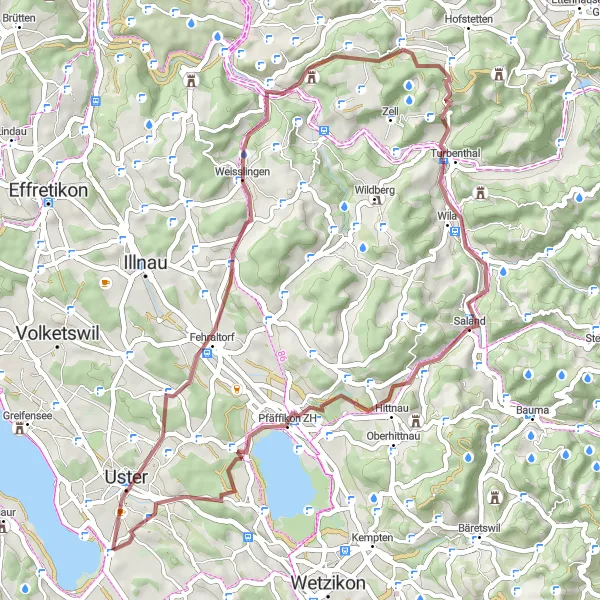 Kartminiatyr av "Naturskjønn reiserute til Pfäffikon ZH og Saland" sykkelinspirasjon i Zürich, Switzerland. Generert av Tarmacs.app sykkelrutoplanlegger