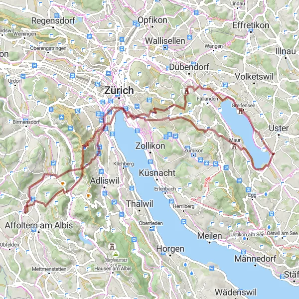 Map miniature of "The Zurich Gravel Adventure" cycling inspiration in Zürich, Switzerland. Generated by Tarmacs.app cycling route planner