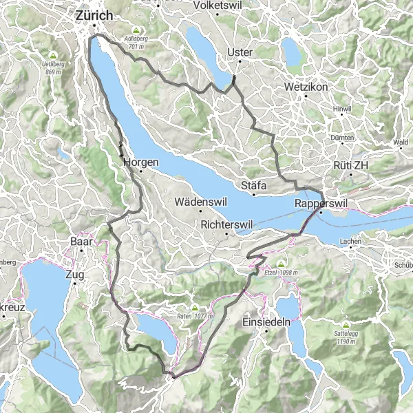 Kartminiatyr av "Uster - Mönchaltorf - Paradies - Biberbrugg - Chaiserstock - Neuägeri - Sihlbrugg - Hirzel Höchi, Aussichtspunkt - Quaibrücke - Zollikerberg - Riedikon" cykelinspiration i Zürich, Switzerland. Genererad av Tarmacs.app cykelruttplanerare