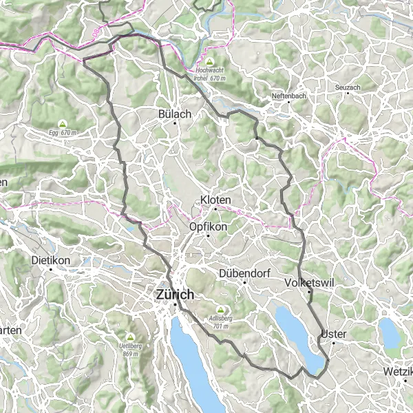 Miniatua del mapa de inspiración ciclista "Ruta de ciclismo de carretera a través de Eglisau y Karlsturm" en Zürich, Switzerland. Generado por Tarmacs.app planificador de rutas ciclistas
