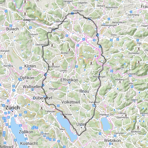 Miniatua del mapa de inspiración ciclista "Ruta de ciclismo de carretera a través de Schwerzenbach y Hettlingen" en Zürich, Switzerland. Generado por Tarmacs.app planificador de rutas ciclistas