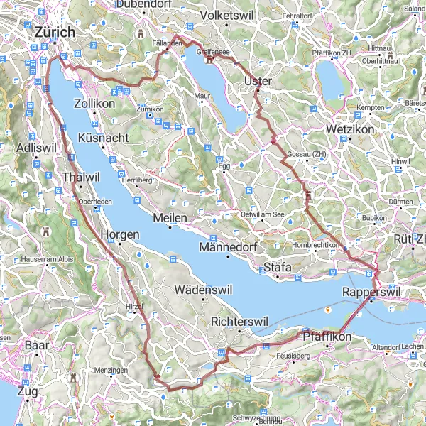 Kartminiatyr av "Kupert grusvei rute fra Uster" sykkelinspirasjon i Zürich, Switzerland. Generert av Tarmacs.app sykkelrutoplanlegger
