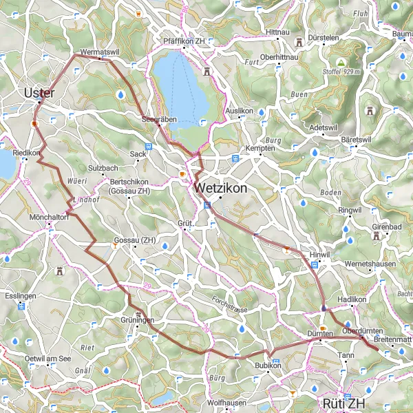 Miniaturní mapa "Krátká gravelová trasa okolo Usteru" inspirace pro cyklisty v oblasti Zürich, Switzerland. Vytvořeno pomocí plánovače tras Tarmacs.app