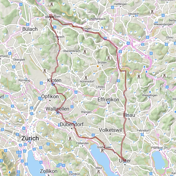 Miniatura della mappa di ispirazione al ciclismo "Giro in Gravel da Uster con vista panoramica" nella regione di Zürich, Switzerland. Generata da Tarmacs.app, pianificatore di rotte ciclistiche