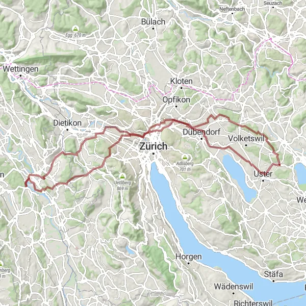 Miniatua del mapa de inspiración ciclista "Ruta de grava a través de Freudwil y Altstetten" en Zürich, Switzerland. Generado por Tarmacs.app planificador de rutas ciclistas