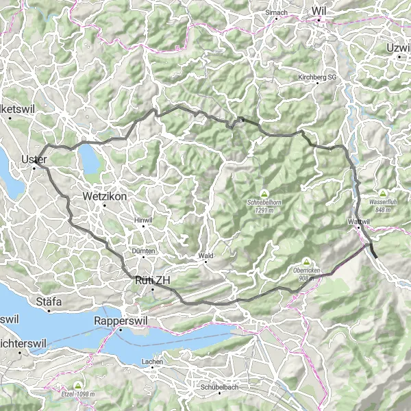 Mapa miniatúra "Okolie Zürichu a Lichtensteigu" cyklistická inšpirácia v Zürich, Switzerland. Vygenerované cyklistickým plánovačom trás Tarmacs.app