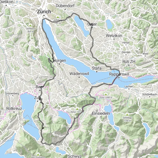 Kartminiatyr av "Mönchaltorf til Kirche Enge via Letziturm og Oberarth" sykkelinspirasjon i Zürich, Switzerland. Generert av Tarmacs.app sykkelrutoplanlegger