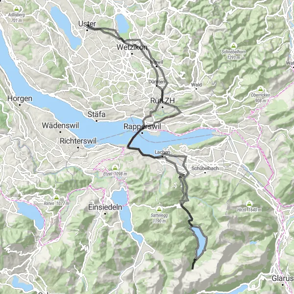 Mapa miniatúra "Prelet nad Zürichom a Jona" cyklistická inšpirácia v Zürich, Switzerland. Vygenerované cyklistickým plánovačom trás Tarmacs.app