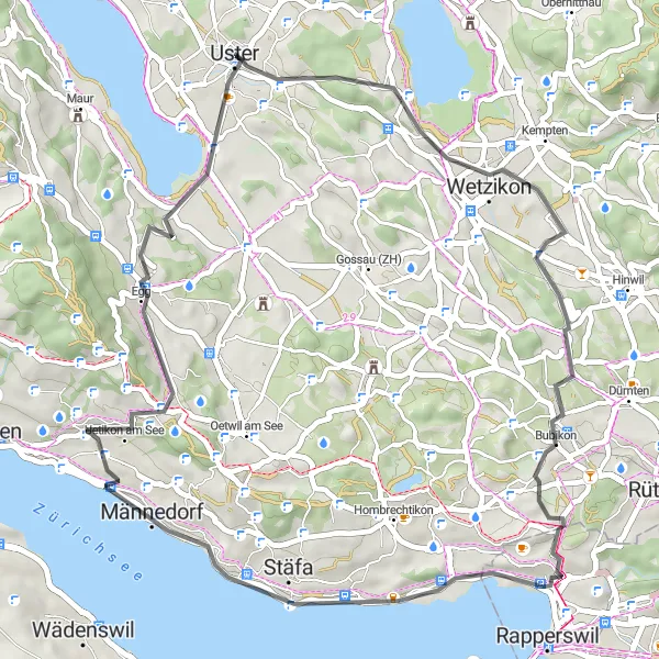 Zemljevid v pomanjšavi "Uster - Riedikon - Paradies Cycling Route" kolesarske inspiracije v Zürich, Switzerland. Generirano z načrtovalcem kolesarskih poti Tarmacs.app