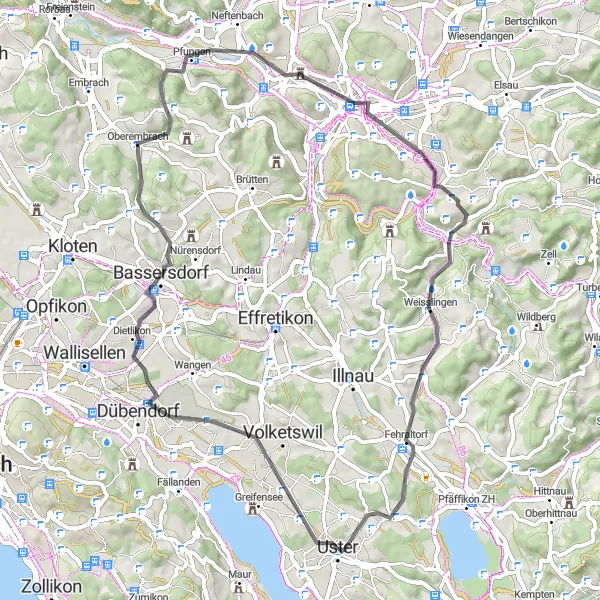 Kartminiatyr av "Veiturl gjennom Zürichs landskap og landsbyer" sykkelinspirasjon i Zürich, Switzerland. Generert av Tarmacs.app sykkelrutoplanlegger