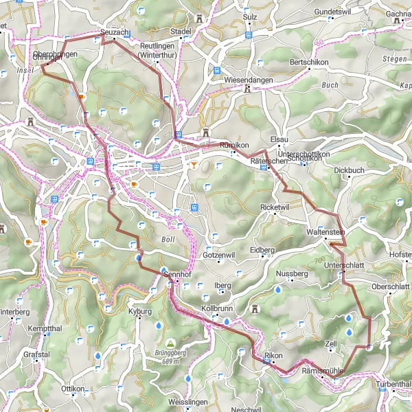 Miniatua del mapa de inspiración ciclista "Ruta de grava por Seuzach y Eschenberg" en Zürich, Switzerland. Generado por Tarmacs.app planificador de rutas ciclistas