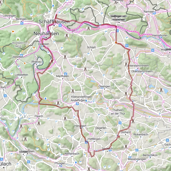 Zemljevid v pomanjšavi "Gravel Cycling Route from Veltheim - Henggart - Rodenberg - Altikon - Seuzach" kolesarske inspiracije v Zürich, Switzerland. Generirano z načrtovalcem kolesarskih poti Tarmacs.app