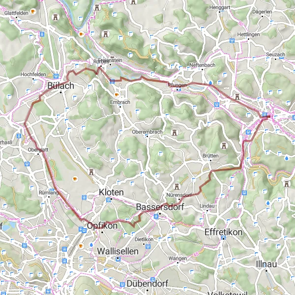 Miniatua del mapa de inspiración ciclista "Ruta de grava por Bülach y Taggenberg" en Zürich, Switzerland. Generado por Tarmacs.app planificador de rutas ciclistas