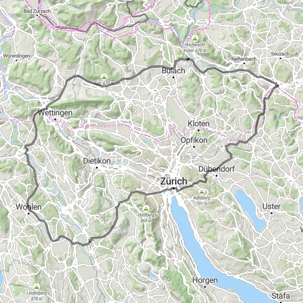 Map miniature of "Zürich Veltheim - Winterthur - Ottenberg - Wülflingen Loop" cycling inspiration in Zürich, Switzerland. Generated by Tarmacs.app cycling route planner