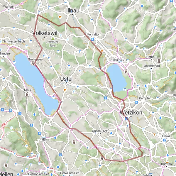 Mapa miniatúra "Gravel trasa cez Juhee a Greifensee" cyklistická inšpirácia v Zürich, Switzerland. Vygenerované cyklistickým plánovačom trás Tarmacs.app