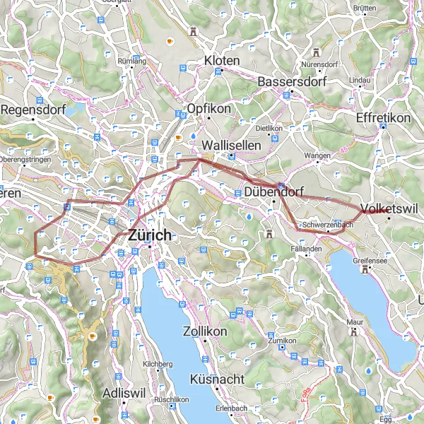 Miniatura della mappa di ispirazione al ciclismo "Avventura tra Dübendorf e Schwamendingen" nella regione di Zürich, Switzerland. Generata da Tarmacs.app, pianificatore di rotte ciclistiche