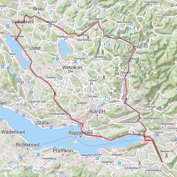 Mapa miniatúra "Okolo jazera Greifensee a Grüningen" cyklistická inšpirácia v Zürich, Switzerland. Vygenerované cyklistickým plánovačom trás Tarmacs.app