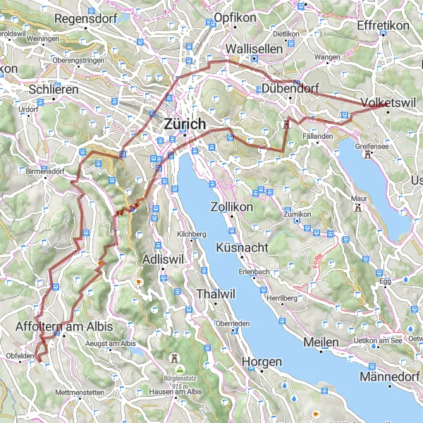 Map miniature of "Gravel Adventure from Dübendorf to Schwerzenbach" cycling inspiration in Zürich, Switzerland. Generated by Tarmacs.app cycling route planner