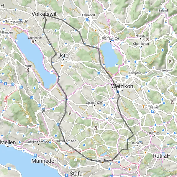 Kartminiatyr av "Rundtur fra Volketswil til Mönchaltorf og tilbake" sykkelinspirasjon i Zürich, Switzerland. Generert av Tarmacs.app sykkelrutoplanlegger