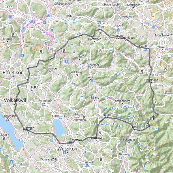 Miniaturekort af cykelinspirationen "Panoramisk cykeltur gennem kølige skove og maleriske landsbyer" i Zürich, Switzerland. Genereret af Tarmacs.app cykelruteplanlægger