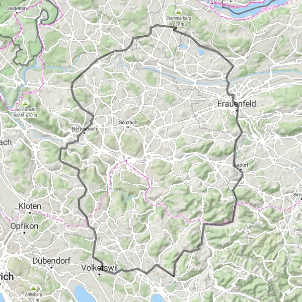 Miniatura della mappa di ispirazione al ciclismo "Esplorazione delle colline intorno a Volketswil" nella regione di Zürich, Switzerland. Generata da Tarmacs.app, pianificatore di rotte ciclistiche