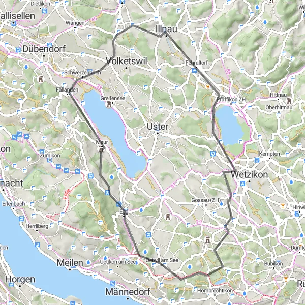 Zemljevid v pomanjšavi "Podeželska pot okoli Pfäffikersee" kolesarske inspiracije v Zürich, Switzerland. Generirano z načrtovalcem kolesarskih poti Tarmacs.app
