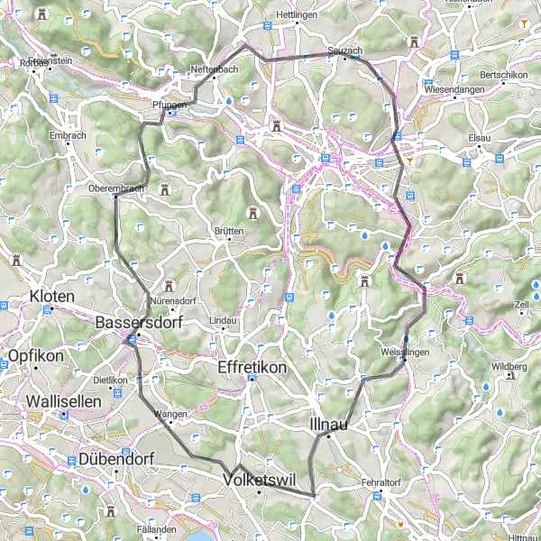 Map miniature of "Countryside Charm: Wangen to Gutenswil" cycling inspiration in Zürich, Switzerland. Generated by Tarmacs.app cycling route planner