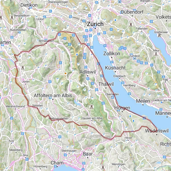 Zemljevid v pomanjšavi "Raziščite naravo okoli Züricha" kolesarske inspiracije v Zürich, Switzerland. Generirano z načrtovalcem kolesarskih poti Tarmacs.app