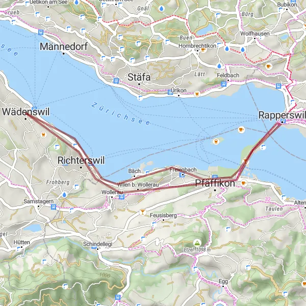 Miniatua del mapa de inspiración ciclista "Ruta de Grava Freienbach-Lindenhof-Richterswil-Pavillon Schloss" en Zürich, Switzerland. Generado por Tarmacs.app planificador de rutas ciclistas