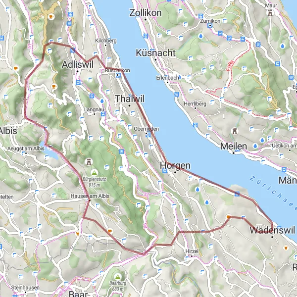 Karttaminiaatyyri "Gravel-seikkailu Albisin vuoristossa" pyöräilyinspiraatiosta alueella Zürich, Switzerland. Luotu Tarmacs.app pyöräilyreittisuunnittelijalla