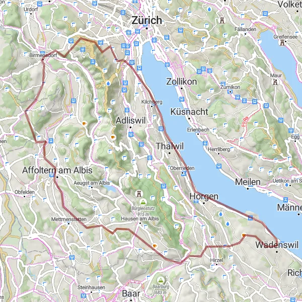 Map miniature of "Challenging Gravel Journey" cycling inspiration in Zürich, Switzerland. Generated by Tarmacs.app cycling route planner