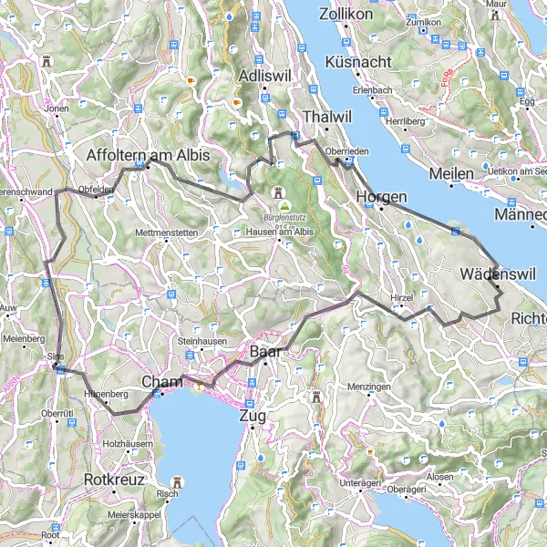 Map miniature of "Mountain Challenge on Road" cycling inspiration in Zürich, Switzerland. Generated by Tarmacs.app cycling route planner