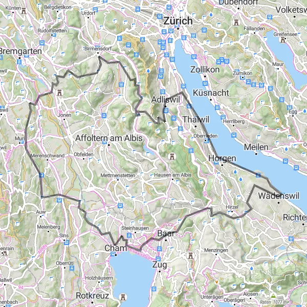 Zemljevid v pomanjšavi "Magična pot okoli Züricha" kolesarske inspiracije v Zürich, Switzerland. Generirano z načrtovalcem kolesarskih poti Tarmacs.app