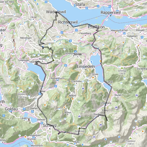 Miniatuurkaart van de fietsinspiratie "Glooiende wegen rond Zürich" in Zürich, Switzerland. Gemaakt door de Tarmacs.app fietsrouteplanner