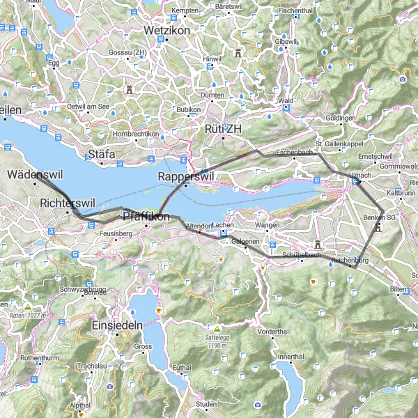 Map miniature of "Scenic Road Cycling to Uznach" cycling inspiration in Zürich, Switzerland. Generated by Tarmacs.app cycling route planner