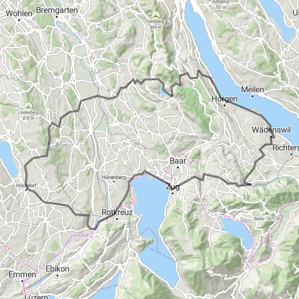 Miniaturní mapa "Trasa Pavillon Schloss-Schönenberg-Menzingen-Guggi-Ballwil-Obfelden-Rothirsch-Thalwil-Au" inspirace pro cyklisty v oblasti Zürich, Switzerland. Vytvořeno pomocí plánovače tras Tarmacs.app