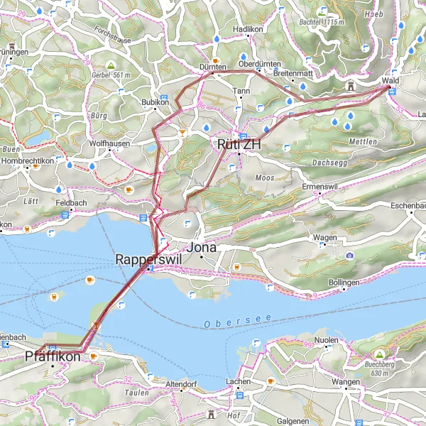 Mapa miniatúra "Gravelový okruh cez prírodu" cyklistická inšpirácia v Zürich, Switzerland. Vygenerované cyklistickým plánovačom trás Tarmacs.app
