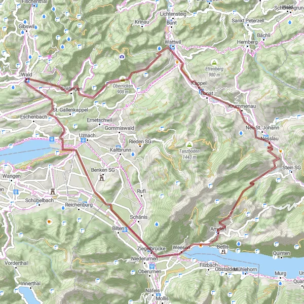 Miniature de la carte de l'inspiration cycliste "Boucle Gravel à travers l'Est Suisse" dans la Zürich, Switzerland. Générée par le planificateur d'itinéraire cycliste Tarmacs.app