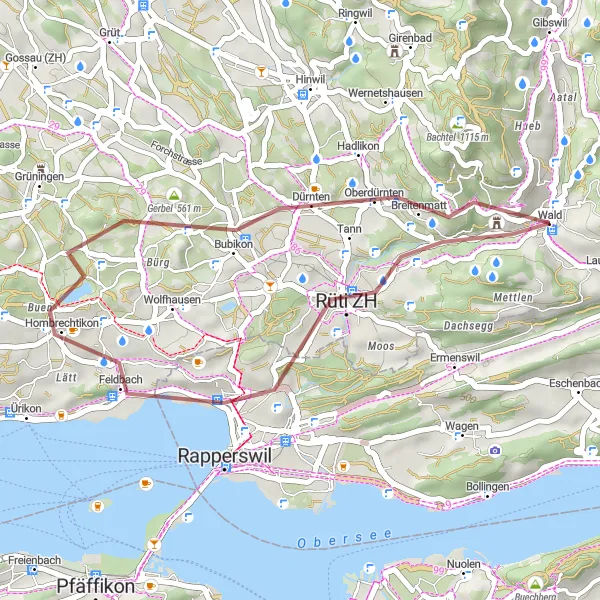 Miniatua del mapa de inspiración ciclista "Ruta gravel corta a Frohberg y Bachtelhörnli desde Rüti ZH" en Zürich, Switzerland. Generado por Tarmacs.app planificador de rutas ciclistas