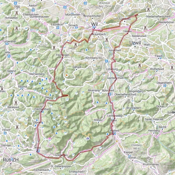 Kartminiatyr av "Fischenthal - Hörnli - Ebnet - Wil - Lütisburg - Lichtensteig - Oberricken - Goldingen" cykelinspiration i Zürich, Switzerland. Genererad av Tarmacs.app cykelruttplanerare