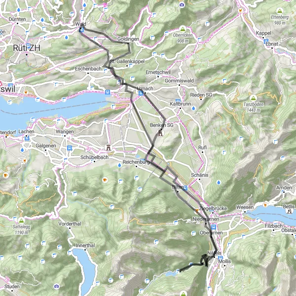 Miniatua del mapa de inspiración ciclista "Ruta de Ciclismo de Carretera por Uznach y Oberurnen" en Zürich, Switzerland. Generado por Tarmacs.app planificador de rutas ciclistas