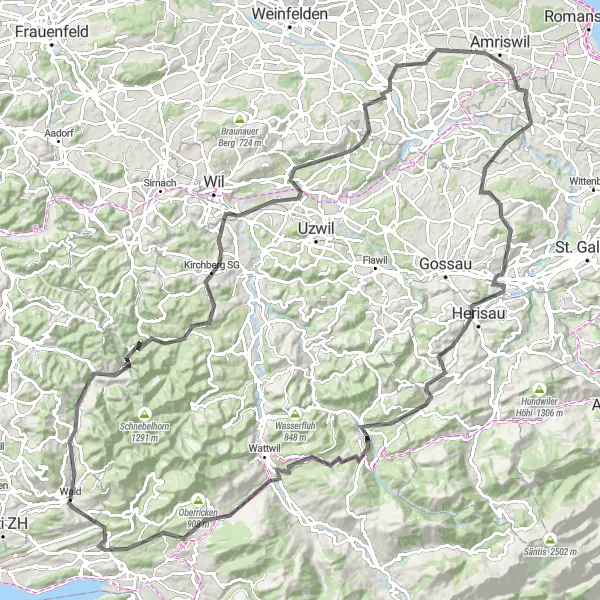 Miniature de la carte de l'inspiration cycliste "Les Hauts de l'Est Suisse" dans la Zürich, Switzerland. Générée par le planificateur d'itinéraire cycliste Tarmacs.app