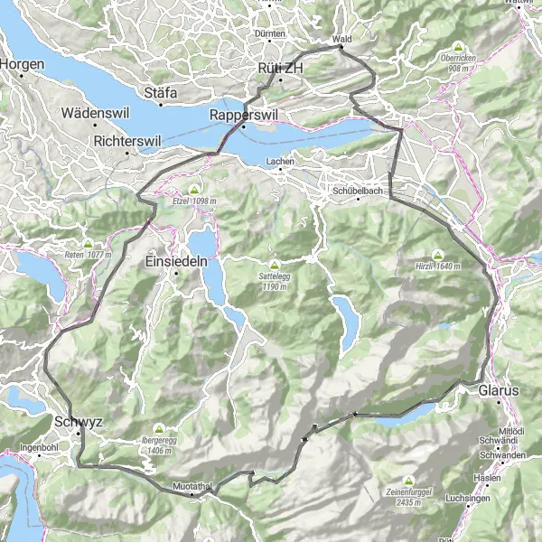 Kartminiatyr av "Schmerikon - Näfels - Vorauen - Brüschbüchel - Roggenstöckli - Muotathal - Känzeli - Sattel - Feusisberg - Lindenhof - Rüti ZH" cykelinspiration i Zürich, Switzerland. Genererad av Tarmacs.app cykelruttplanerare