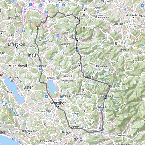 Miniatua del mapa de inspiración ciclista "Ruta de Ciclismo de Carretera por Wetzikon y Kyburg" en Zürich, Switzerland. Generado por Tarmacs.app planificador de rutas ciclistas