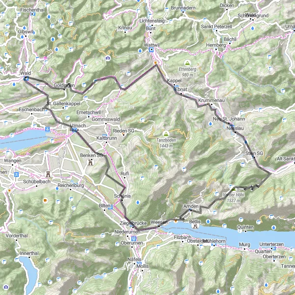 Miniatua del mapa de inspiración ciclista "Ruta de ciclismo de carretera desde Wald a Laupen y Gulmen" en Zürich, Switzerland. Generado por Tarmacs.app planificador de rutas ciclistas