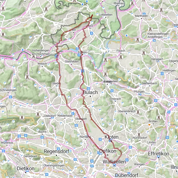 Karttaminiaatyyri "Wallisellen - Gravel Adventure in the Countryside" pyöräilyinspiraatiosta alueella Zürich, Switzerland. Luotu Tarmacs.app pyöräilyreittisuunnittelijalla