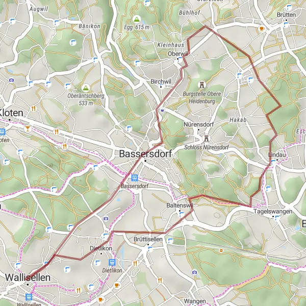 Miniatua del mapa de inspiración ciclista "Ruta corta de grava por Alte Sagi y Dietlikon" en Zürich, Switzerland. Generado por Tarmacs.app planificador de rutas ciclistas