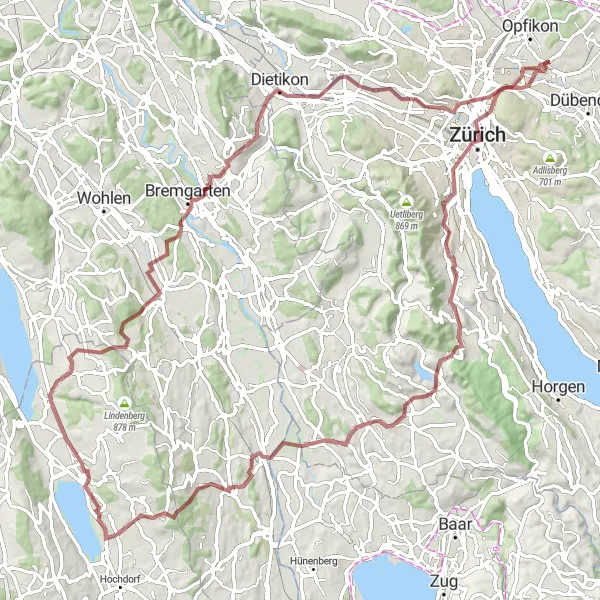 Kartminiatyr av "Utforsk Mutschellenpass og Schwamendingen Gravel Rundtur" sykkelinspirasjon i Zürich, Switzerland. Generert av Tarmacs.app sykkelrutoplanlegger