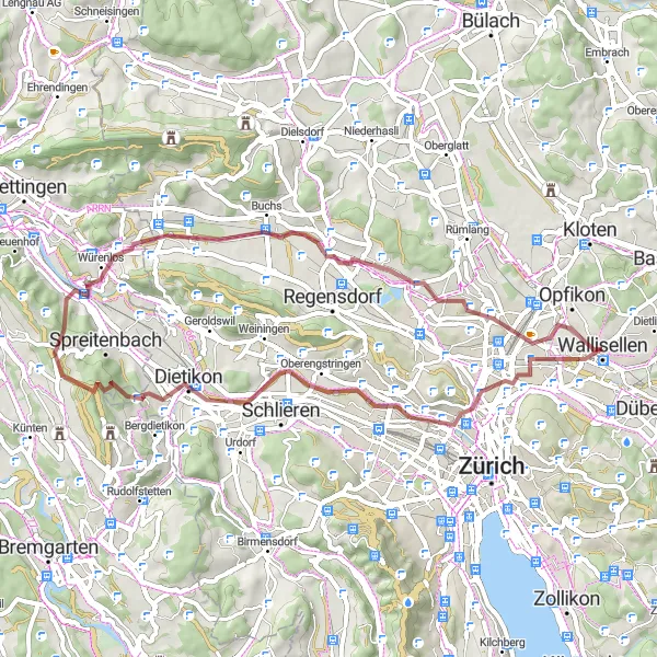 Miniatua del mapa de inspiración ciclista "Ruta de ciclismo de grava por Wipkingen y Watt" en Zürich, Switzerland. Generado por Tarmacs.app planificador de rutas ciclistas