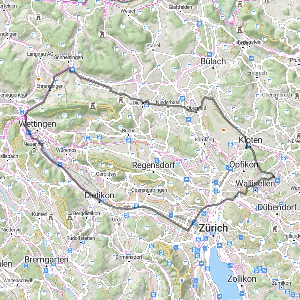 Miniatura della mappa di ispirazione al ciclismo "Passeggiata in bicicletta tra Wallisellen e Dietlikon" nella regione di Zürich, Switzerland. Generata da Tarmacs.app, pianificatore di rotte ciclistiche